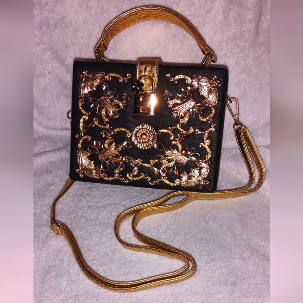 Rectangle Diamond evening golden flower Clutch Bag